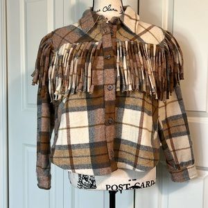 NWT Vigoss Plaid Fringe Shacket Brown Tan Size Small